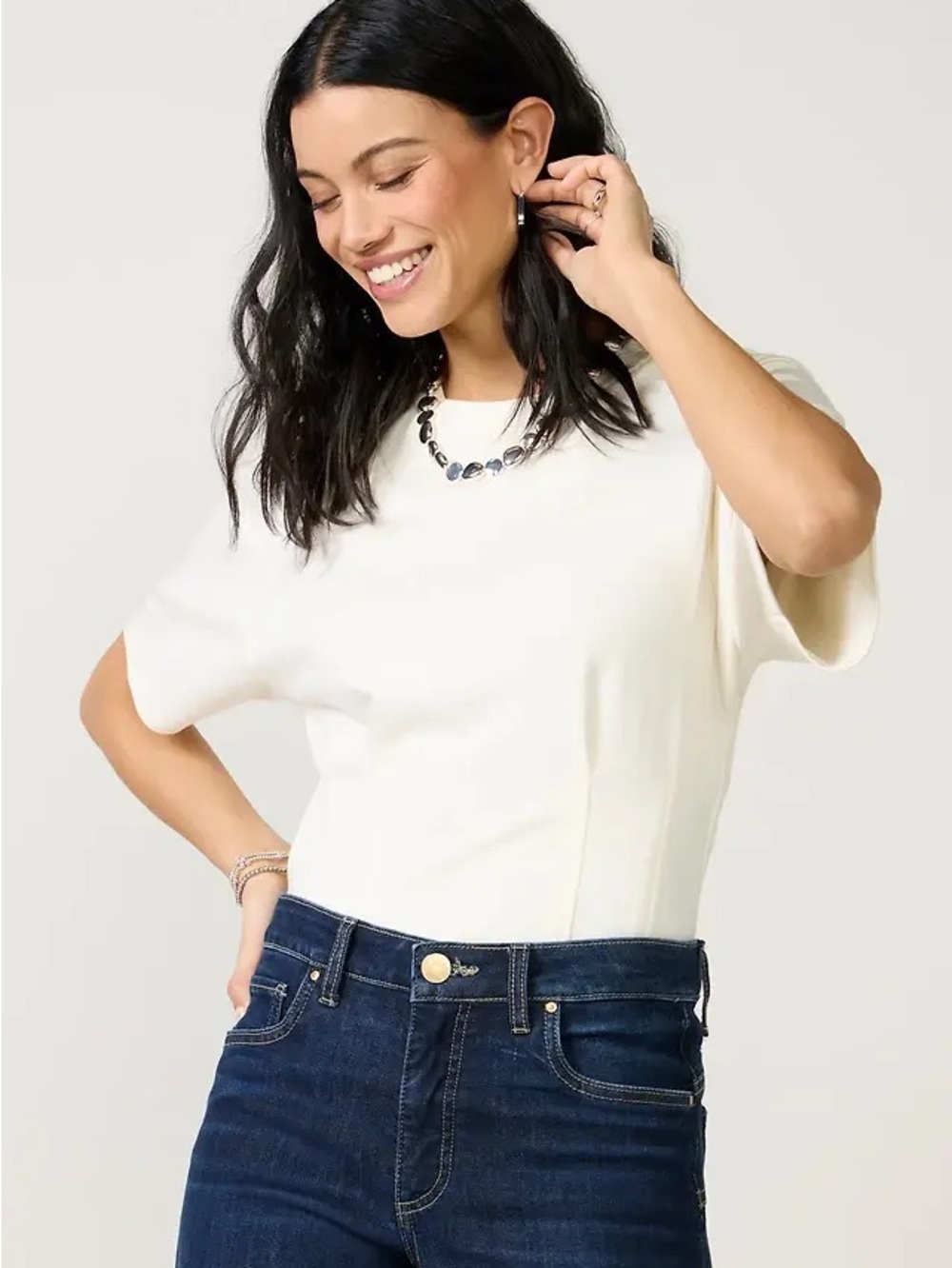 Evereve Xana Corset Waist Tee - Classic Cream Short-Sleeve Knit Top